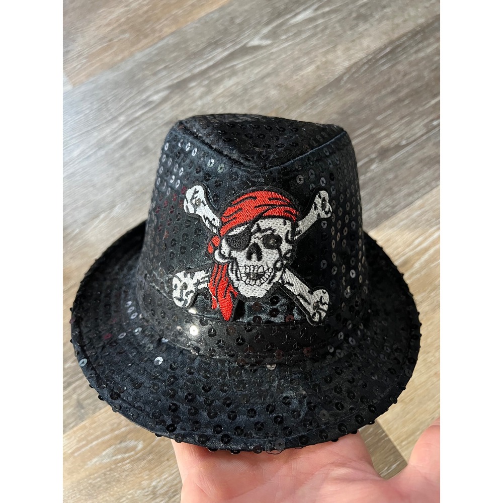 Unbranded Pirate Fedora Hat Unisex 58 Black Sequin Skull Crossbones Costume